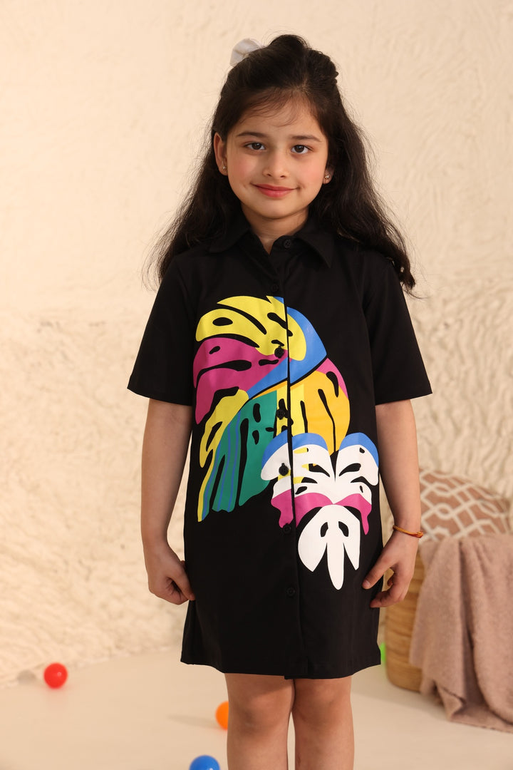 Shirt Polo Dress with Tropical Print