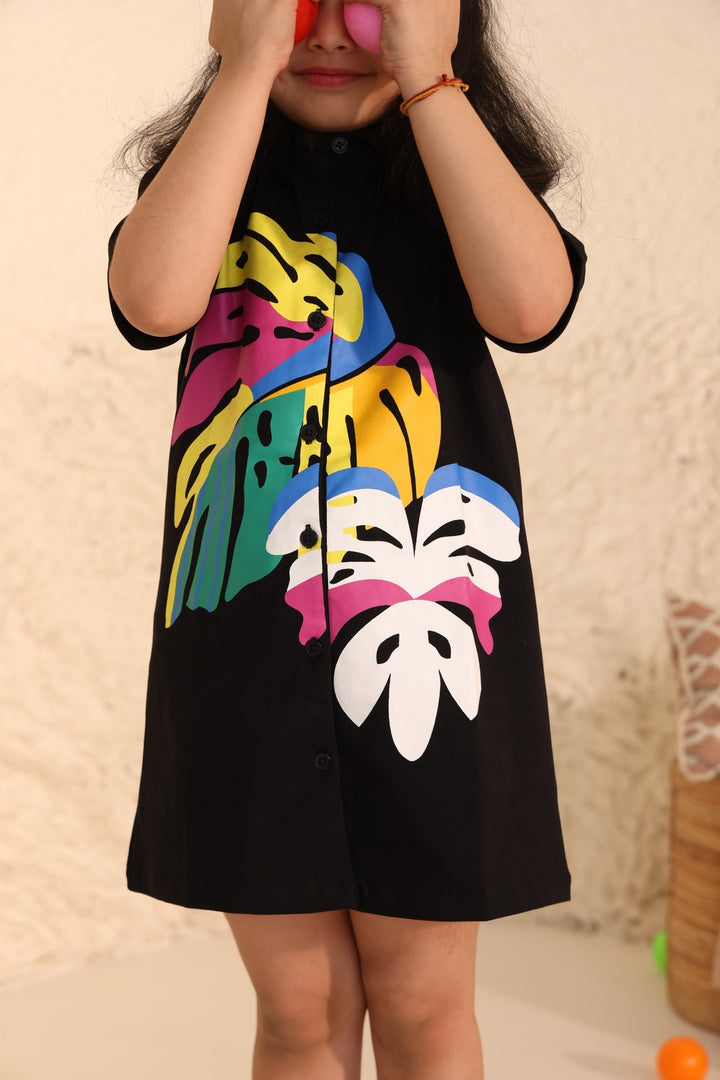 Shirt Polo Dress with Tropical Print