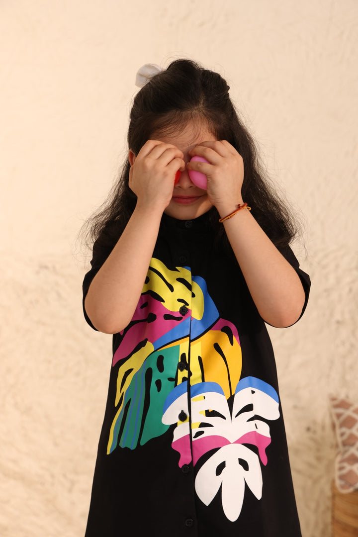 Shirt Polo Dress with Tropical Print