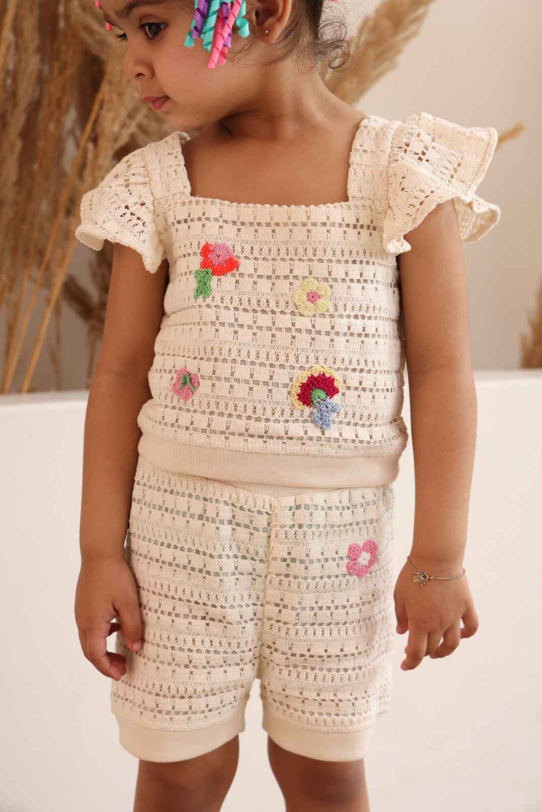 Spunkies Girls White All Over Printed Crew Neck Short Sleeves T-Shirt and Joggers Set
