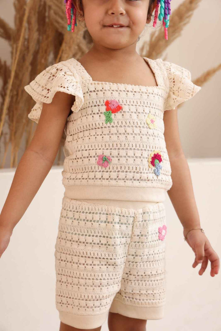 Spunkies Girls White All Over Printed Crew Neck Short Sleeves T-Shirt and Joggers Set