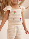 Spunkies Girls White All Over Printed Crew Neck Short Sleeves T-Shirt and Joggers Set