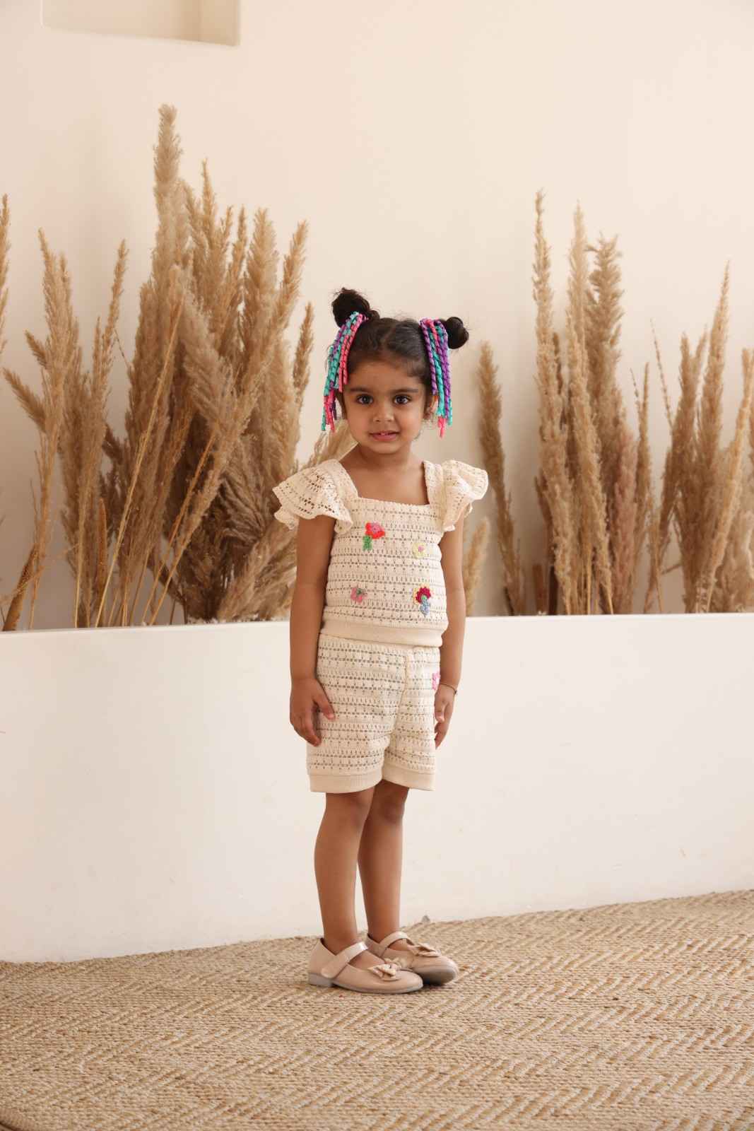 Spunkies Girls White All Over Printed Crew Neck Short Sleeves T-Shirt and Joggers Set