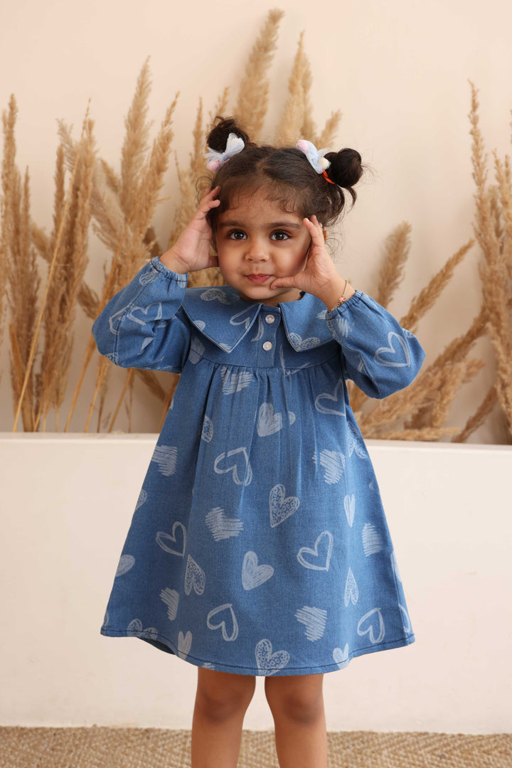 Spunkies Girls Blue Denim Embroidered Dress