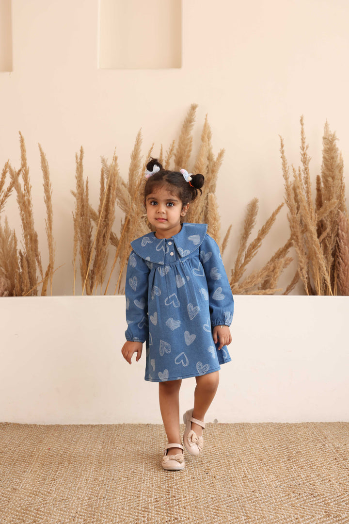 Spunkies Girls Blue Denim Embroidered Dress