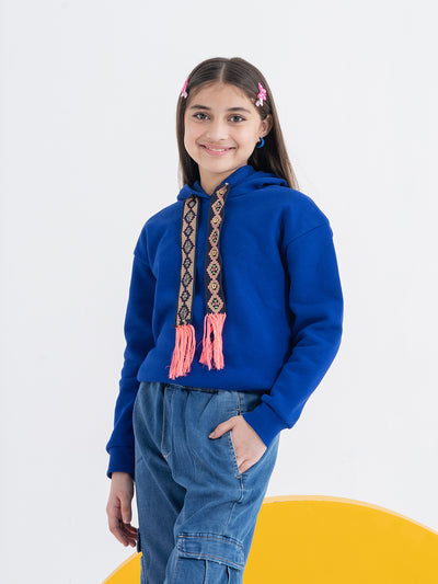 Embellished Blue Girls Hoodie with Woven Tape