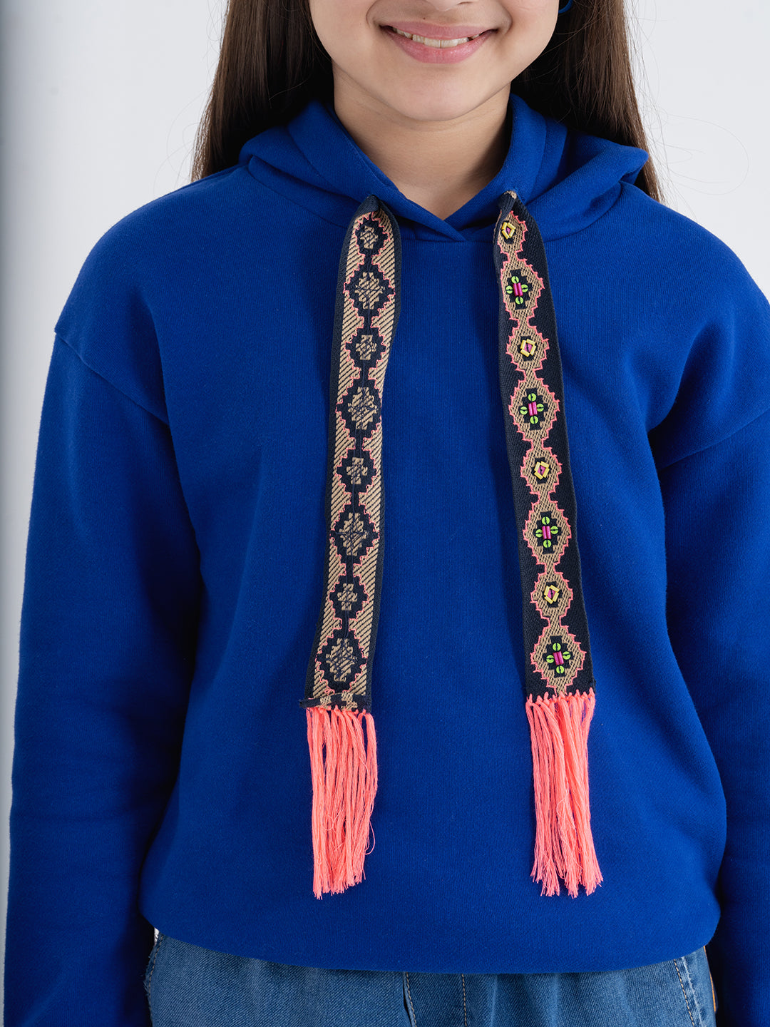 Embellished Blue Girls Hoodie with Woven Tape