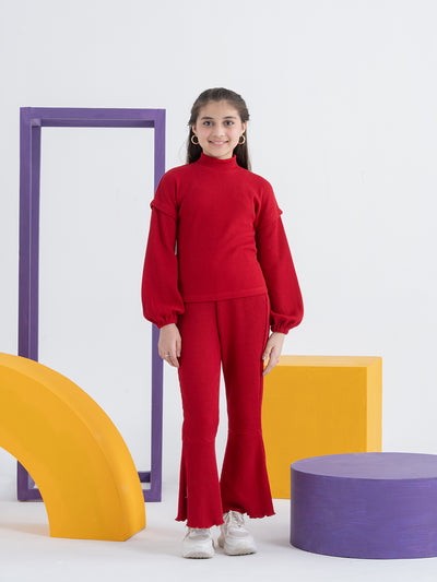 Red Waffle Full-sleeve Comfortable Top and Pant Set