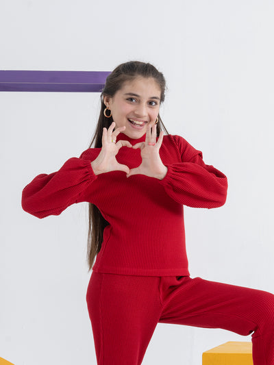Red Waffle Full-sleeve Comfortable Top and Pant Set