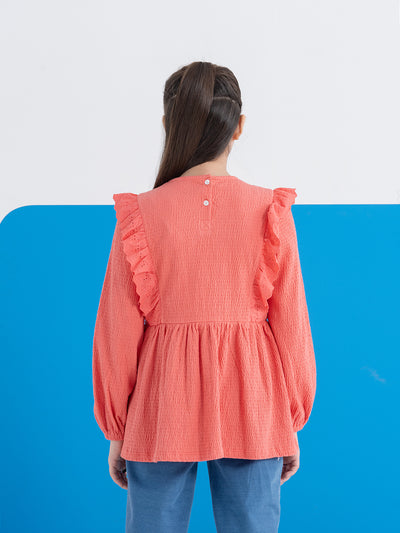 Seersucker Girls Pink thread Embroidered Top with Chiffon Lace