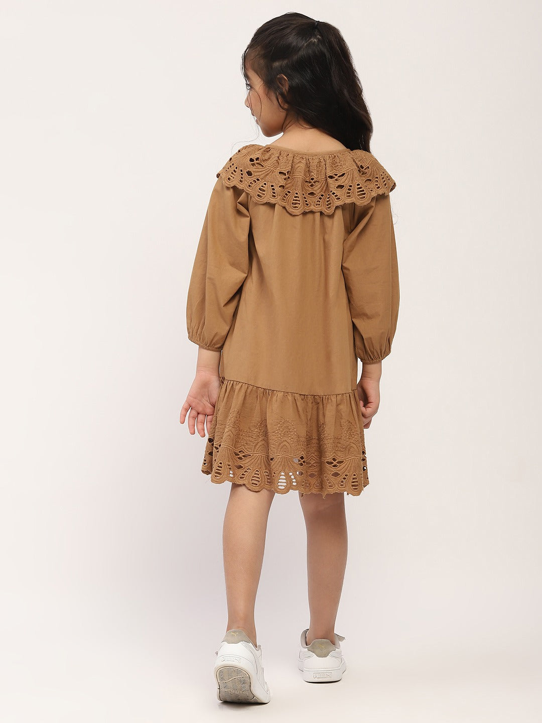 Brown Eyelet Lace Ruffle Dress-Girls.