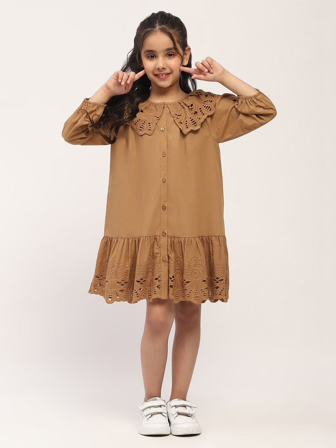 Brown Eyelet Lace Ruffle Dress-Girls.