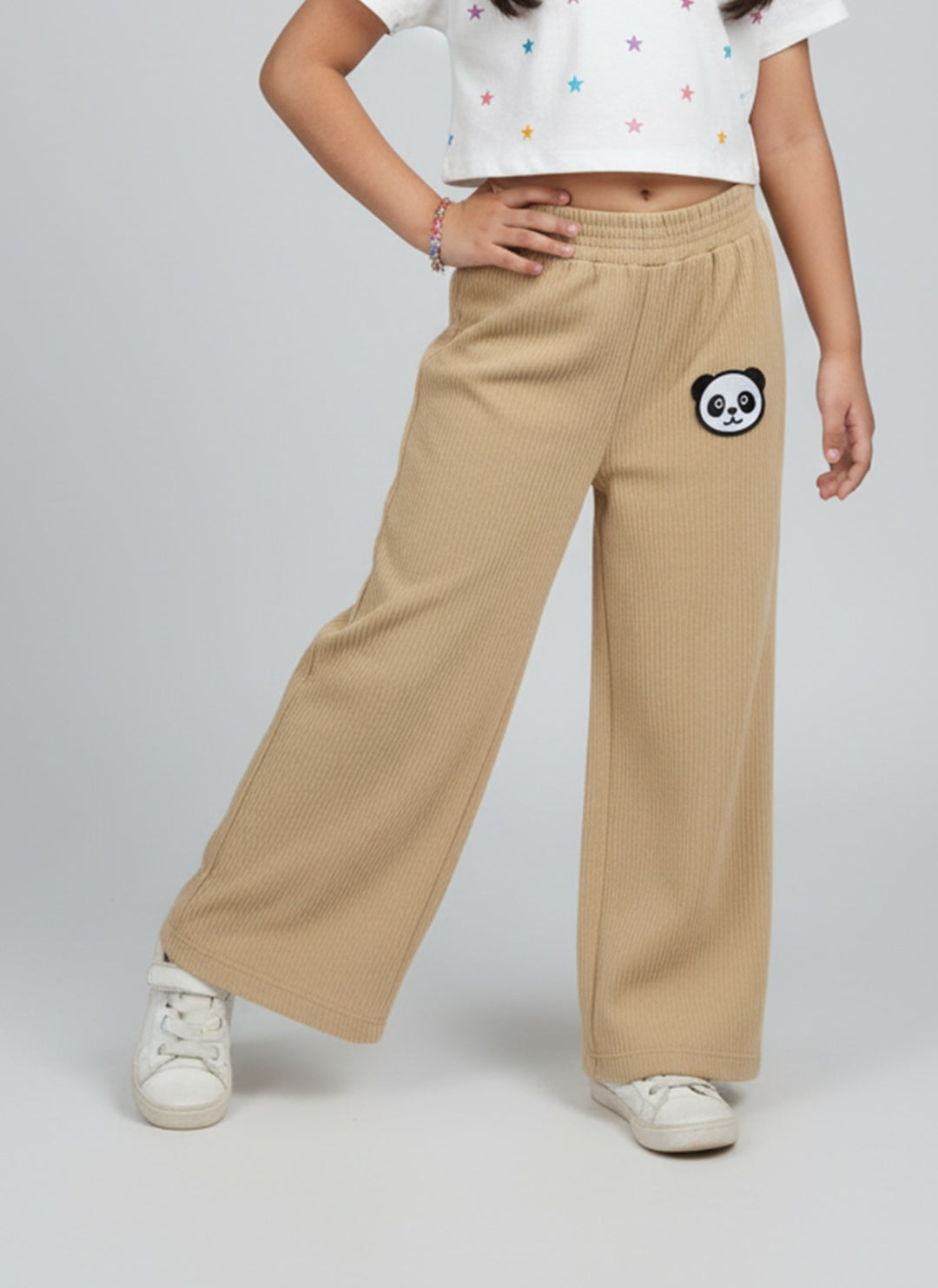 Girls Brwon Wide-Leg Pants with Panda Patch