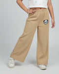 Girls Brown Wide-Leg Pants with Panda Patch