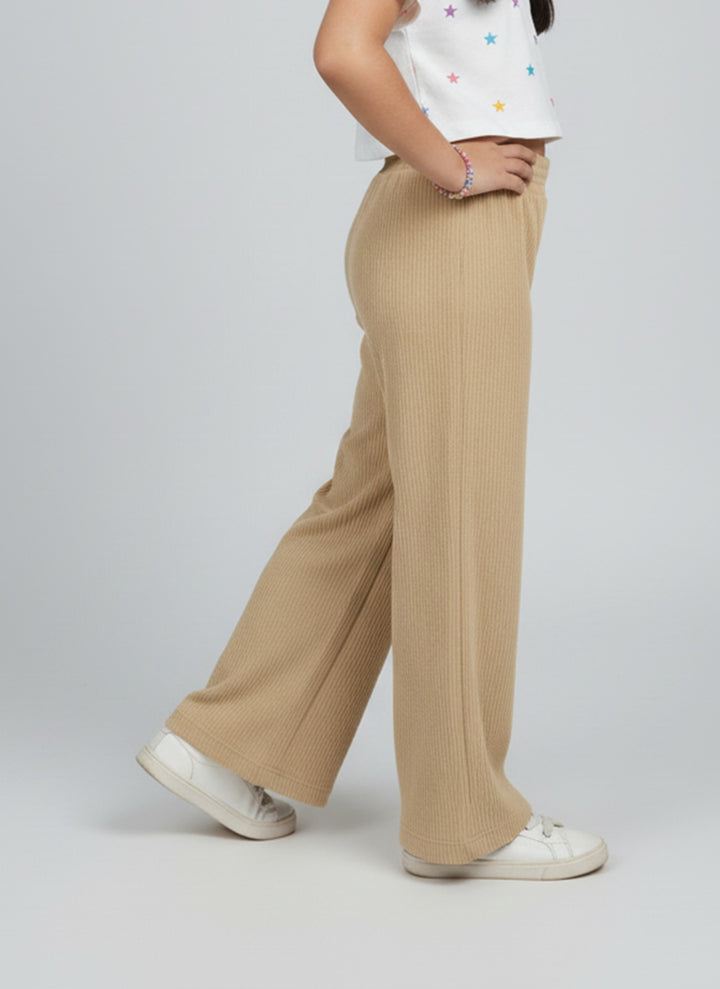 Girls Brwon Wide-Leg Pants with Panda Patch