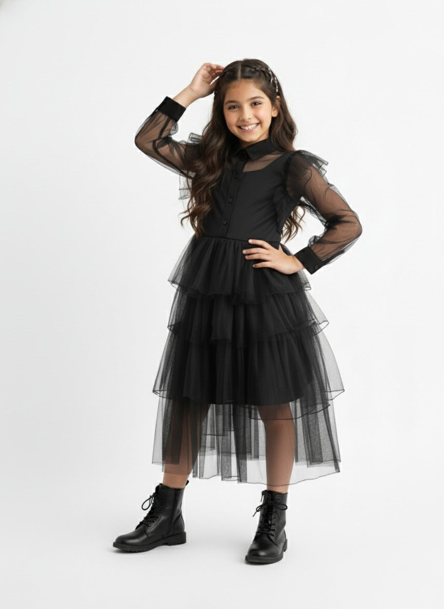 Girls Black Mesh Voile Layered Wednesday Dress
