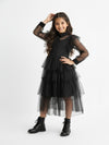 Girls Black Mesh Voile Layered Wednesday Dress