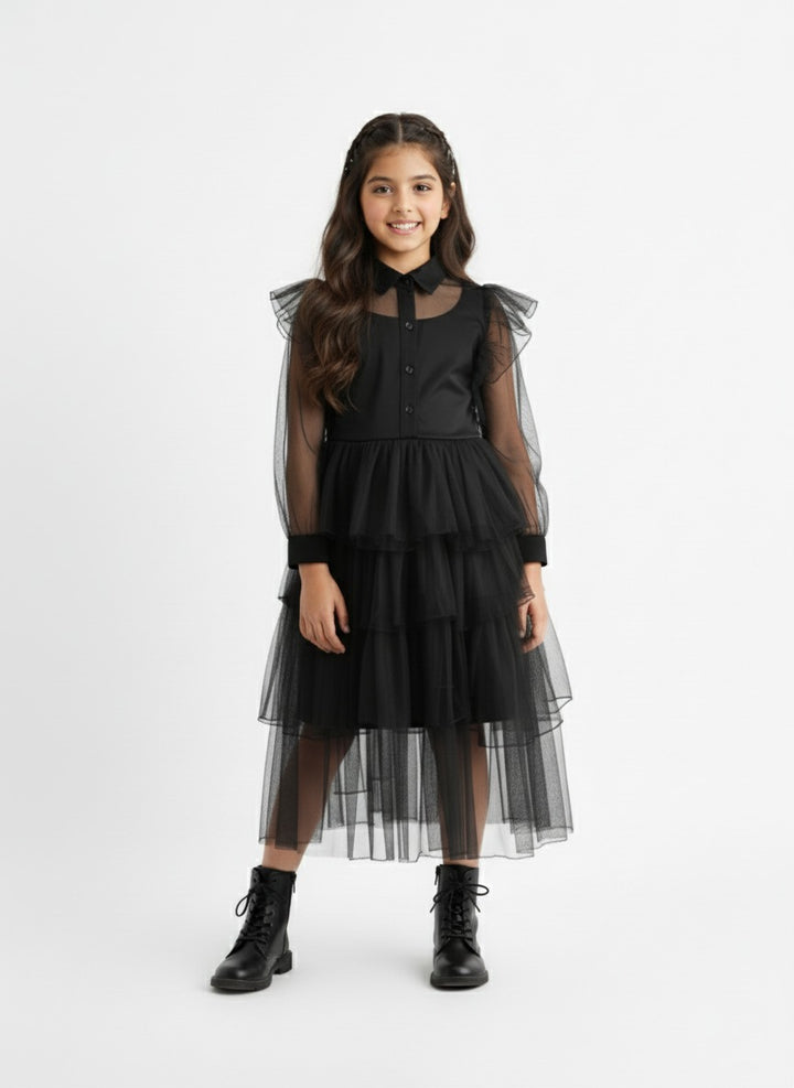 Girls Black Mesh Voile Layered Wednesday Dress