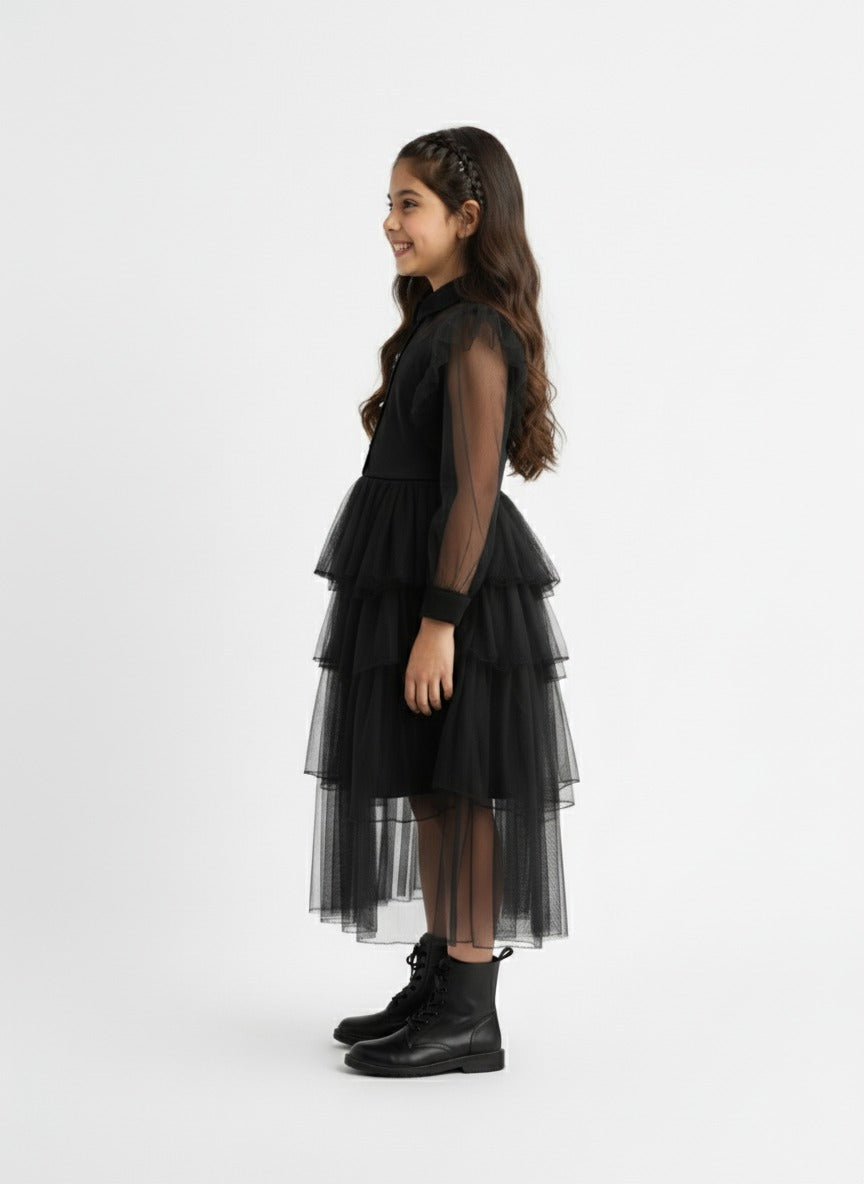 Girls Black Mesh Voile Layered Wednesday Dress