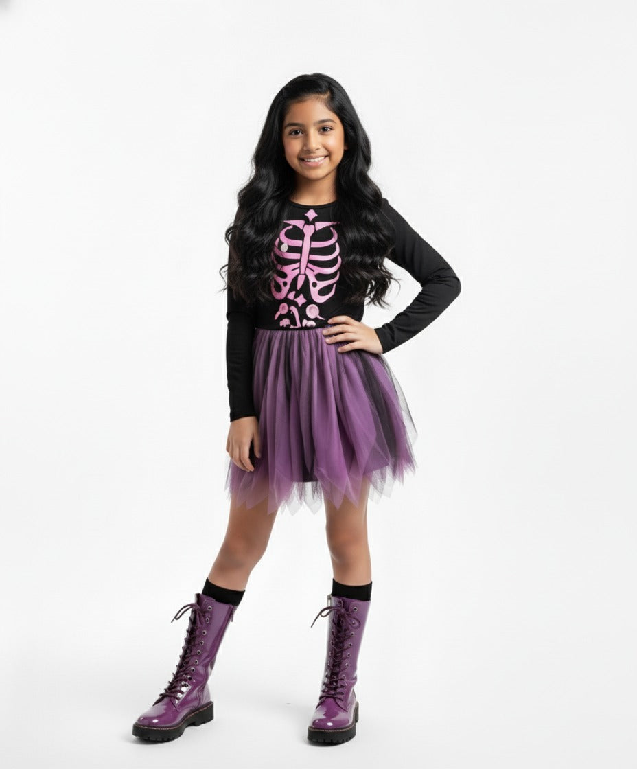 Girls Black & Purple Ombre Skeleton Print Dress