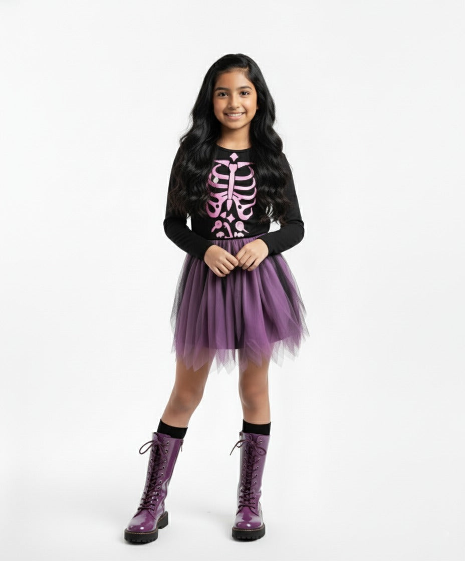 Girls Black & Purple Ombre Skeleton Print Dress