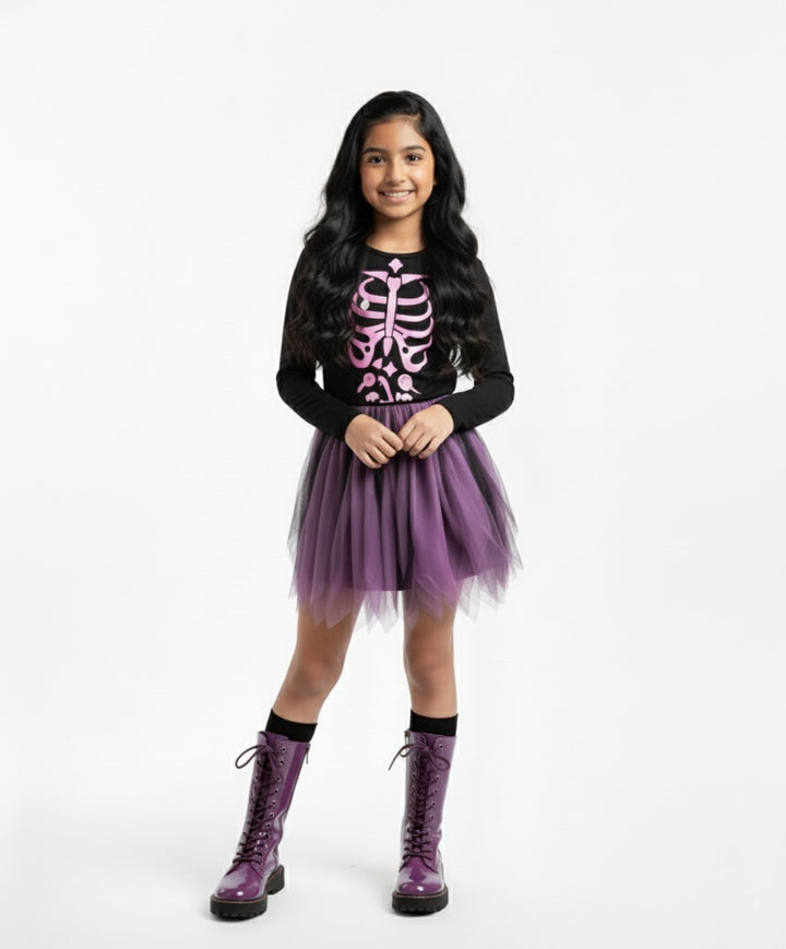 Girls Black & Purple Ombre Skeleton Print Dress