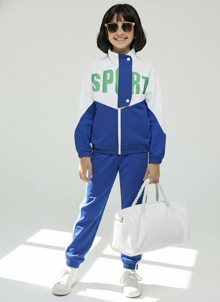 Girls Colorblock Blue & White Sport Tracksuit Set