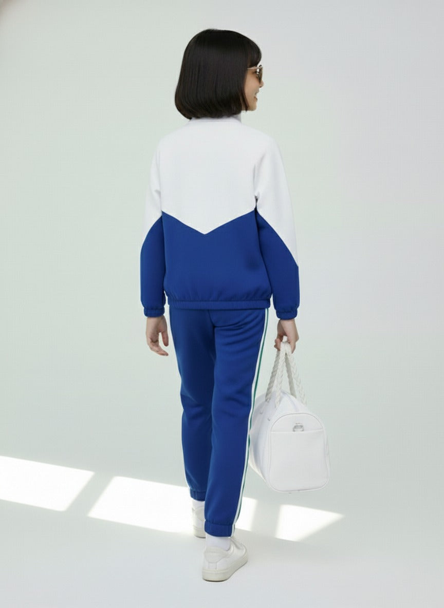 Girls Colorblock Blue & White Sport Tracksuit Set