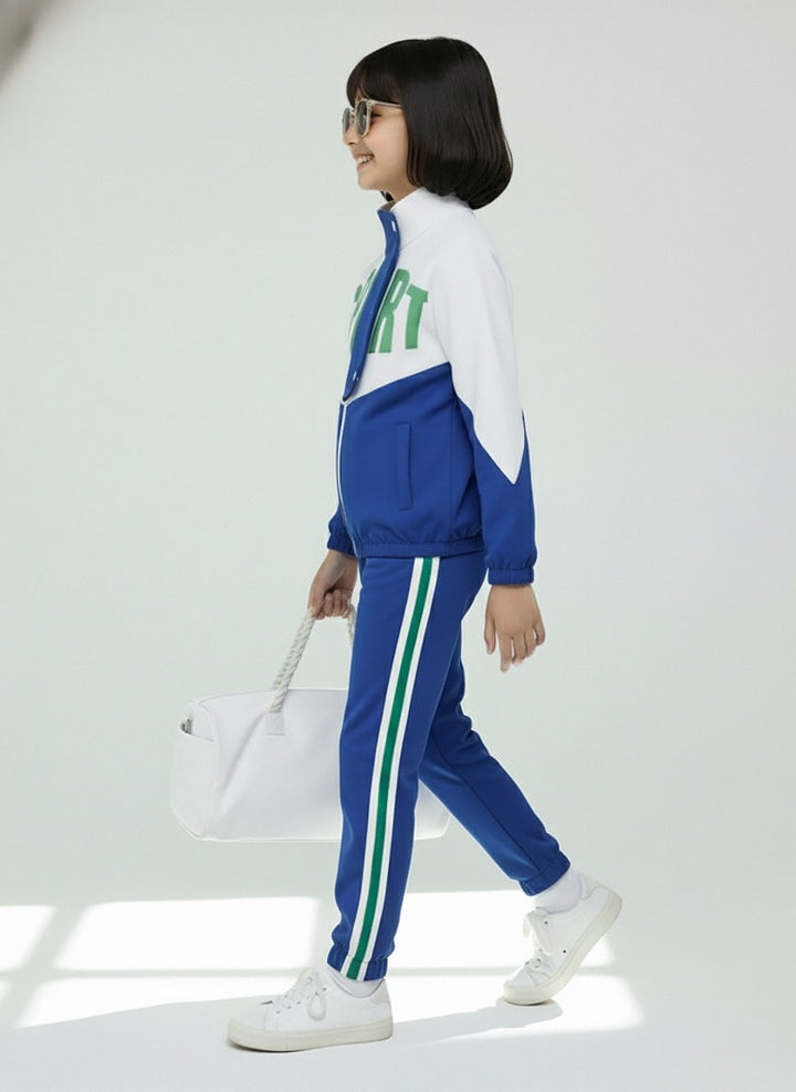 Girls Colorblock Blue & White Sport Tracksuit Set