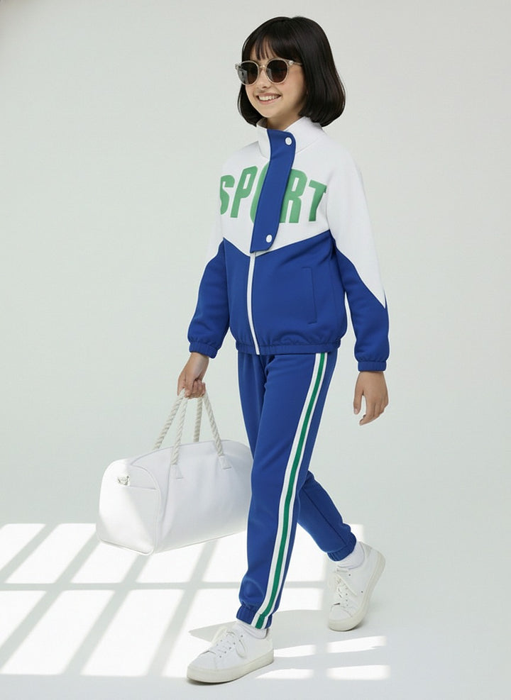 Girls Colorblock Blue & White Sport Tracksuit Set