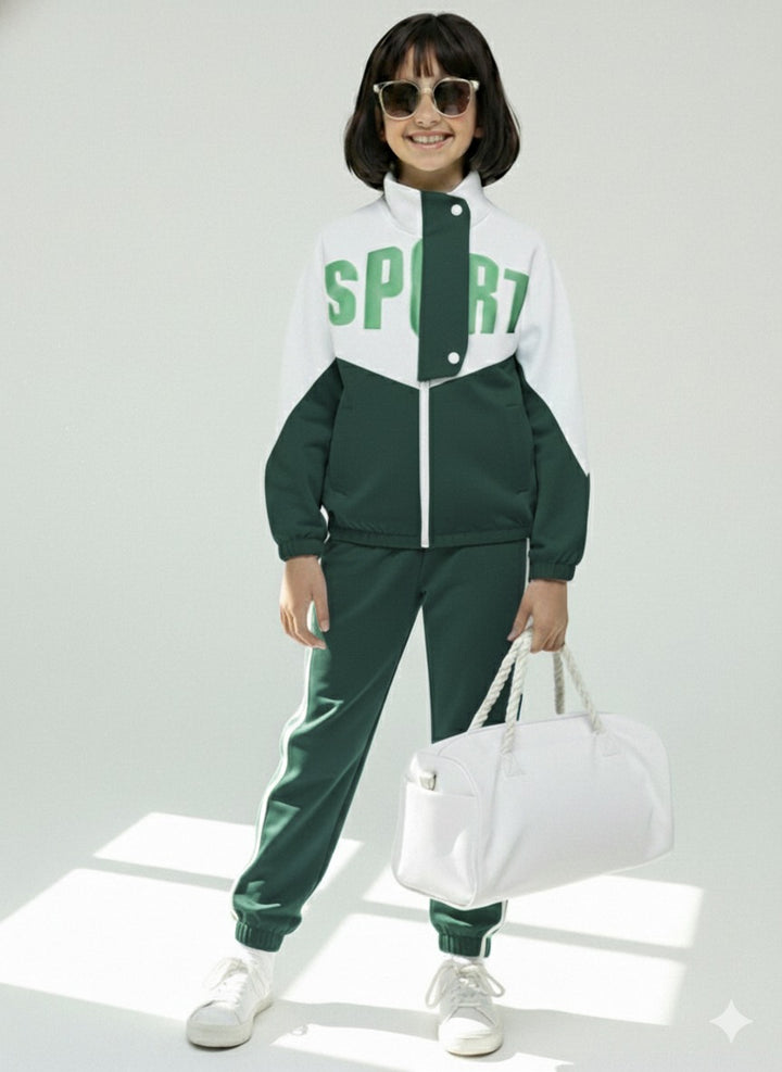 Girls Colorblock Green & White Sport Tracksuit Set