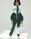 Girls Colorblock Green & White Sport Tracksuit Set