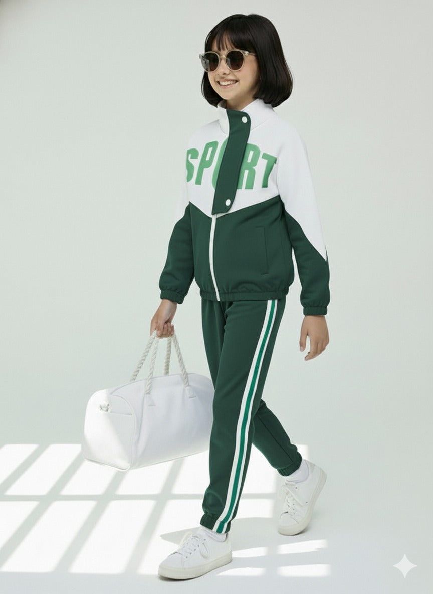 Girls Colorblock Green & White Sport Tracksuit Set