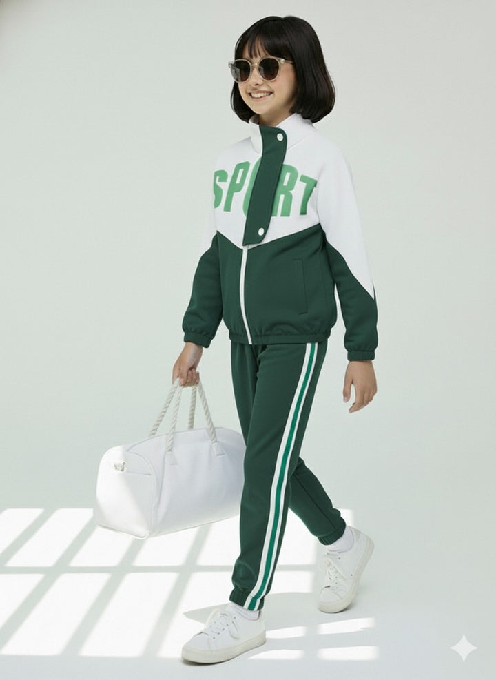 Girls Colorblock Green & White Sport Tracksuit Set