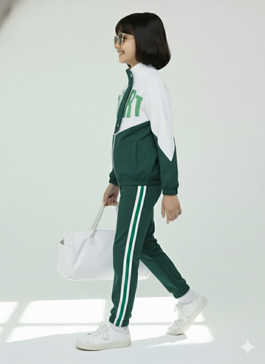 Girls Colorblock Green & White Sport Tracksuit Set