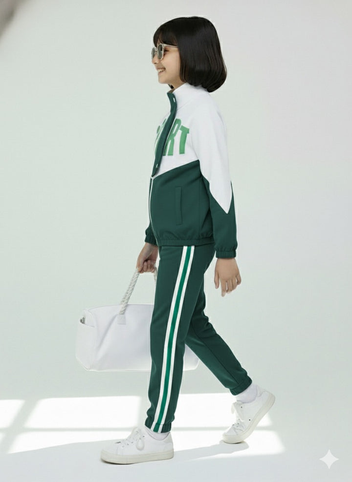 Girls Colorblock Green & White Sport Tracksuit Set