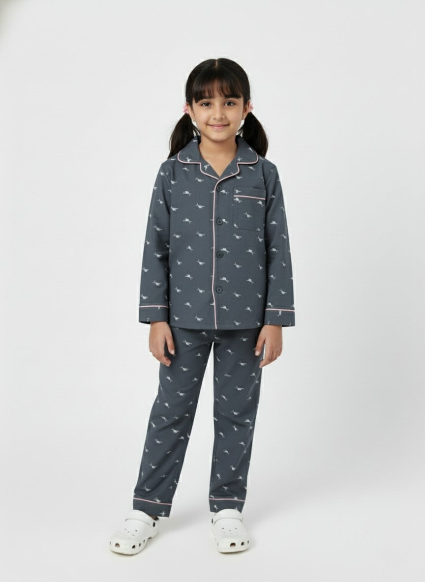 Girls Grey Printed Night Suit Shirt & Pyjama Set