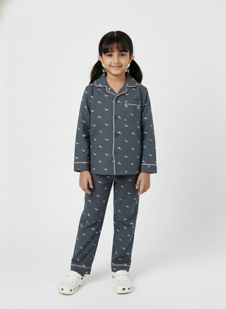 Girls Grey Printed Night Suit Shirt & Pyjama Set