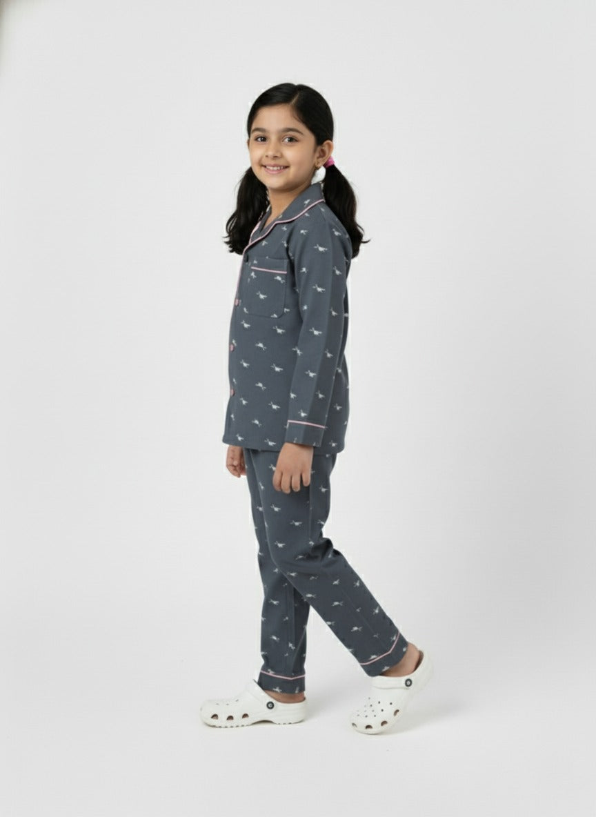 Girls Grey Printed Night Suit Shirt & Pyjama Set