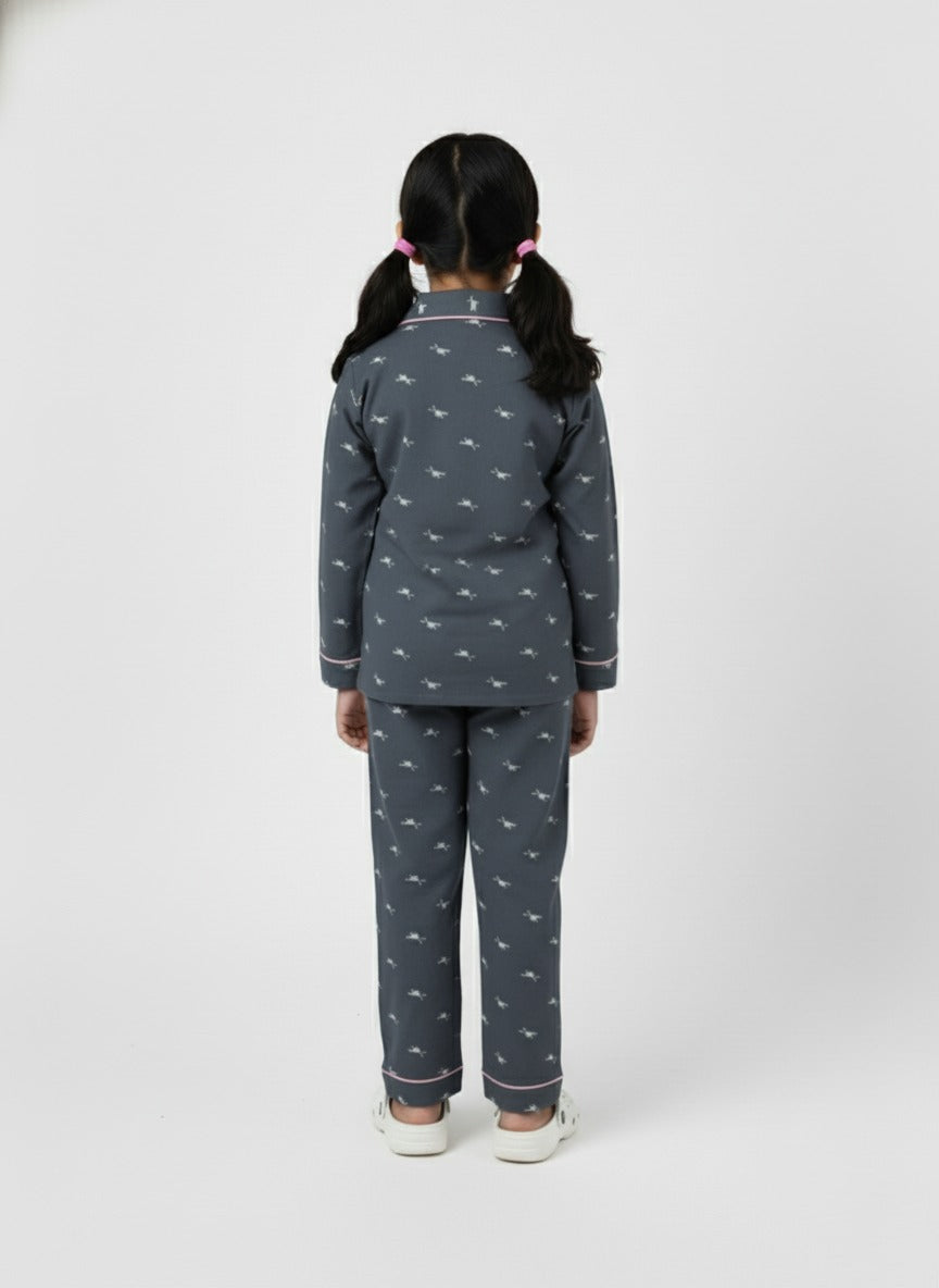 Girls Grey Printed Night Suit Shirt & Pyjama Set