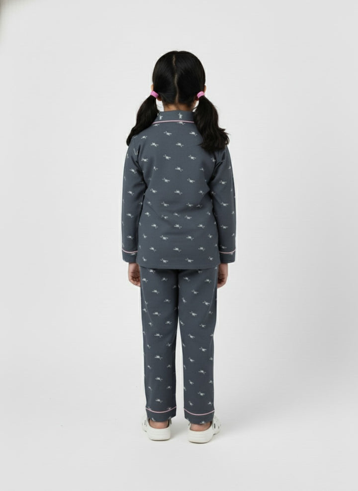 Girls Grey Printed Night Suit Shirt & Pyjama Set