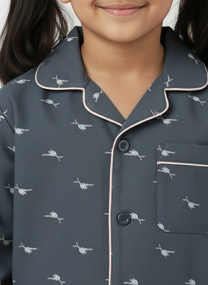 Girls Grey Printed Night Suit Shirt & Pyjama Set