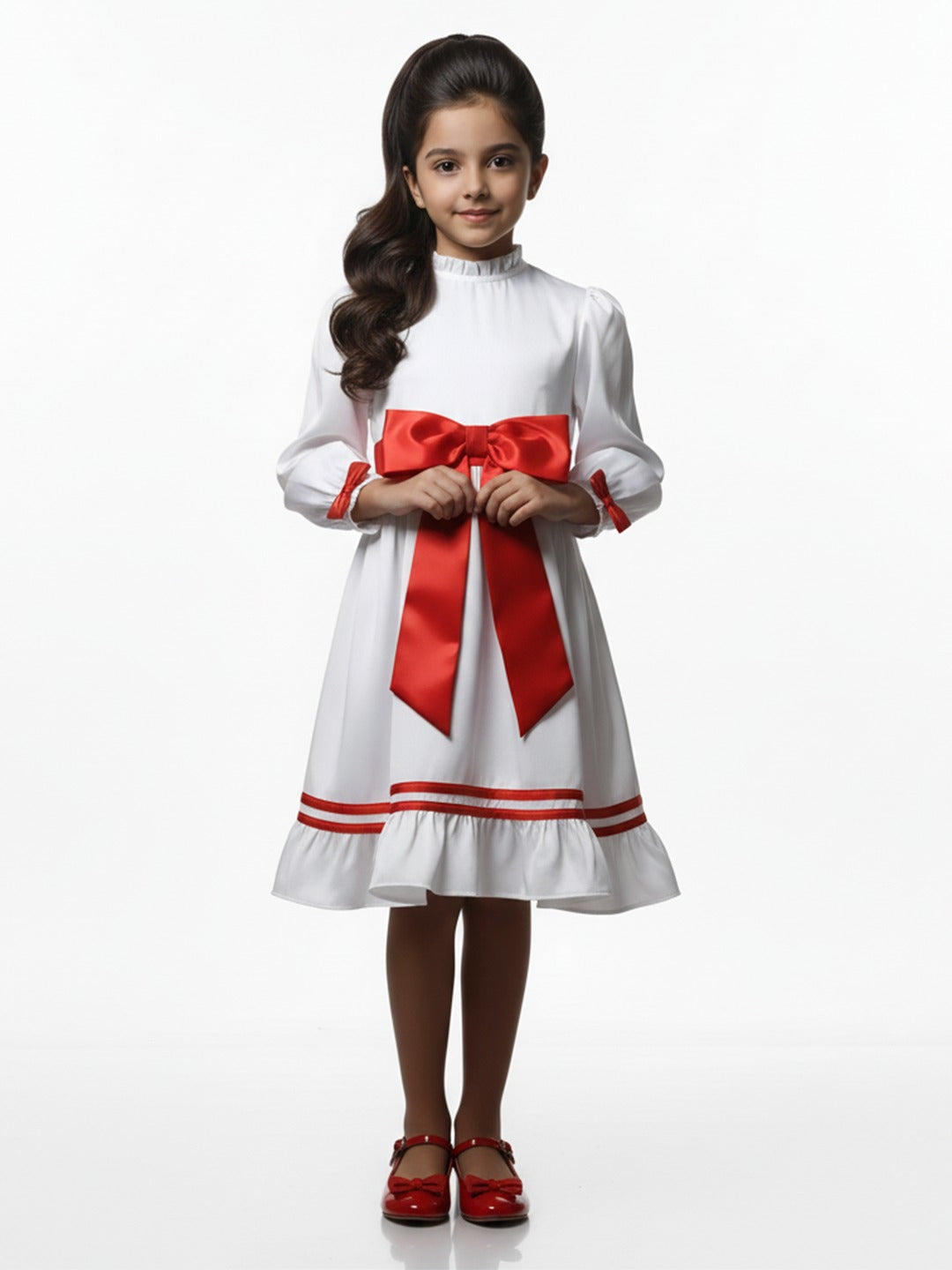 Girls White Satin Annabelle Dress with Red Floral Bow