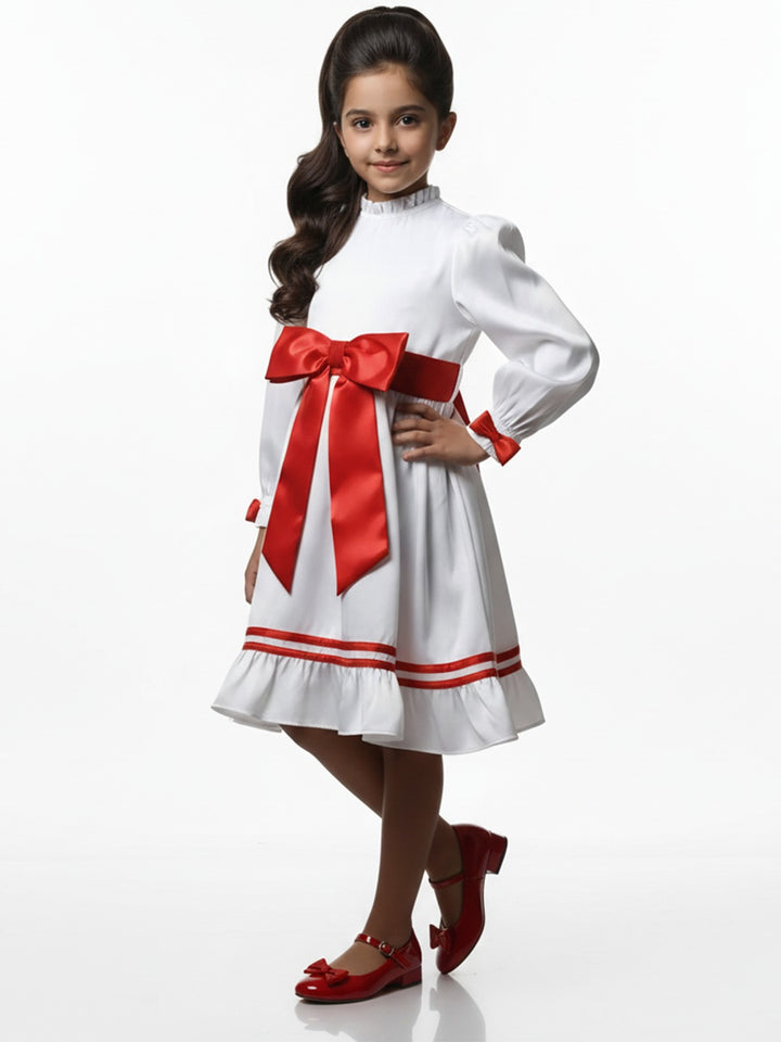 Girls White Satin Annabelle Dress with Red Floral Bow