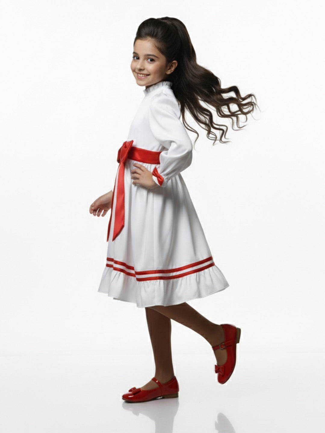 Girls White Satin Annabelle Dress with Red Floral Bow