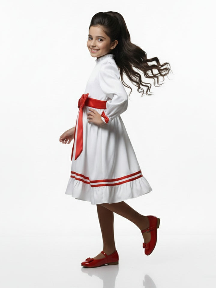 Girls White Satin Annabelle Dress with Red Floral Bow
