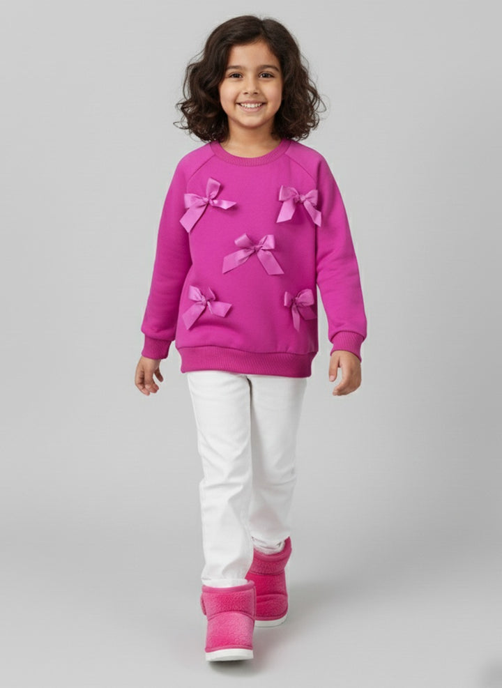 Girls Pink Full Sleeve Fleece Bow Sweatshirt