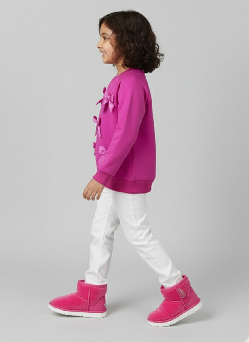 Girls Pink Full Sleeve Fleece Bow Sweatshirt