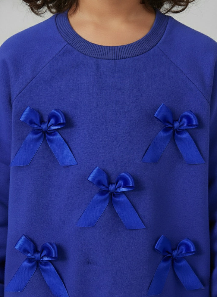 Girls Blue Full Sleeve Fleece Bow Sweatshirt