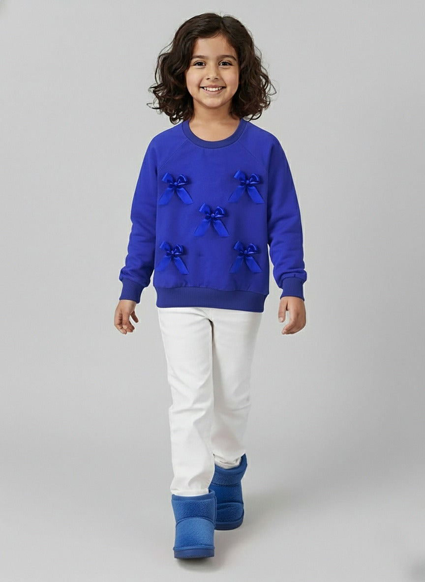 Girls Blue Full Sleeve Fleece Bow Sweatshirt